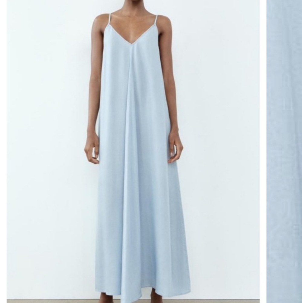 Zara Light Blue Denim Look Flowy Slip Dress